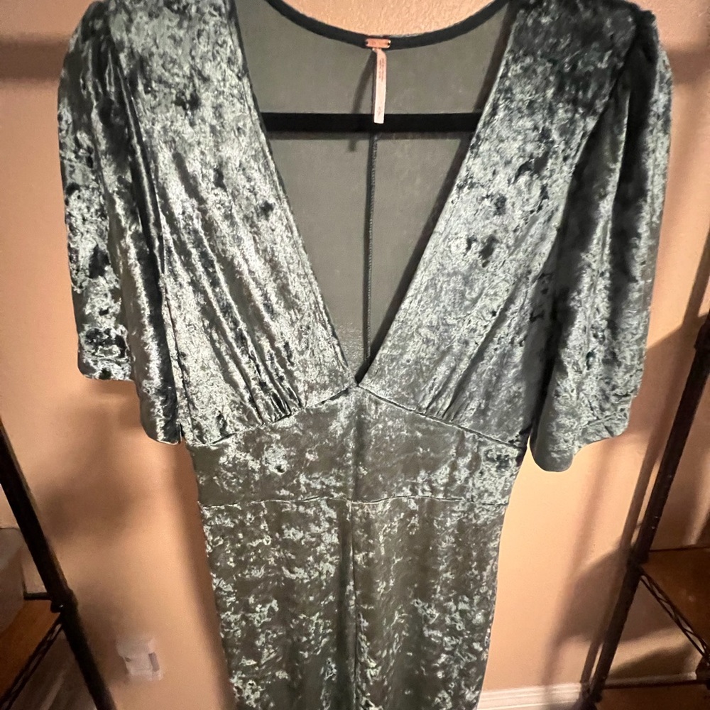 Preowned. Like new. Free People Crushed Velvet Jumpsuit, Wide Leg, Deep V-Neck